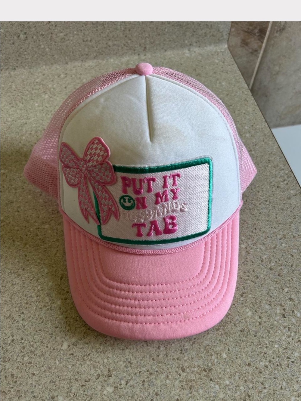 Pink & White Mesh Trucker Hat with Embroidered Slogan
